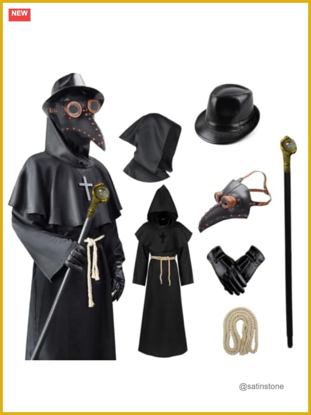 Plague Bird Doctor Mask Hooded Cloak Hat Gloves Steampunk Halloween Costume